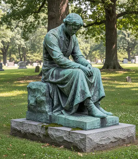 Bronze memorial statue of man sitting on bench