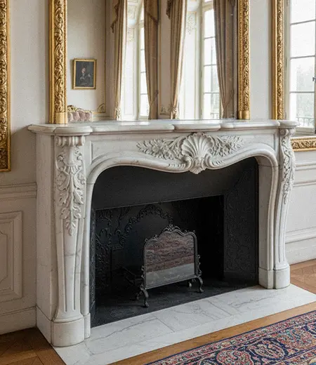 White marble Louis XV fireplace mantel with rococo shell carving
