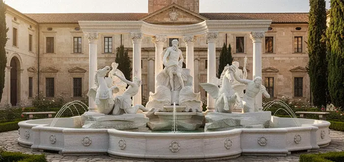 Custom designed large marble fountain with Greek lady statues and columns