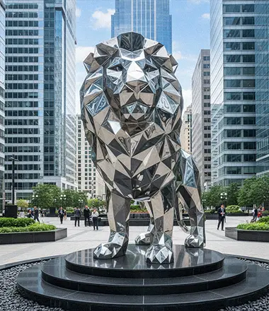 Large mirror polished stainless steel geometric lion statue for corporate plaza