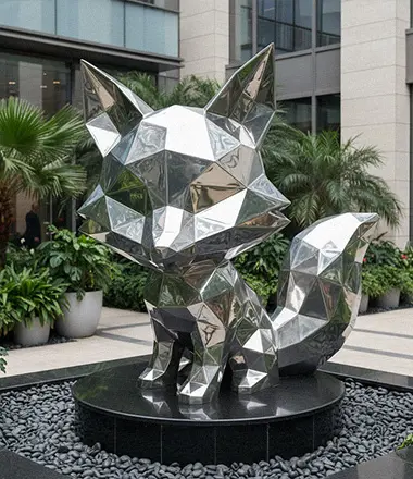 Cute low poly stainless steel fox sculpture geometric animal art