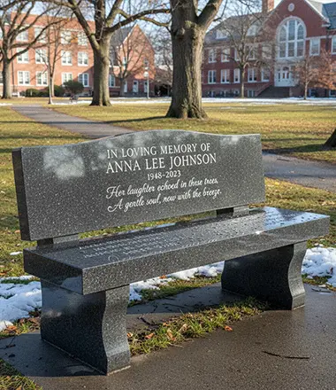 Engraved black granite memorial bench with personalized text for park