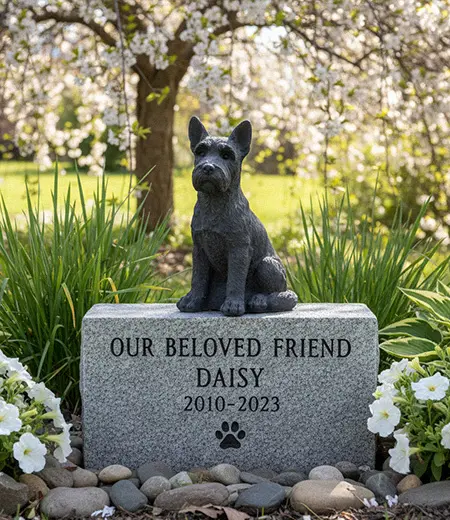 Grey granite pet dog memorial headstone with bronze dog statue