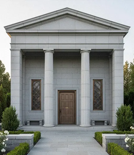 Private family mausoleum building with granite columns and bronze door