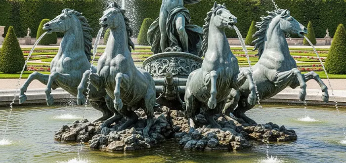 Grand bronze horses water fountain sculpture galloping in pool
