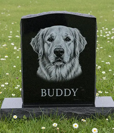 Black granite upright dog headstone with laser etched portrait