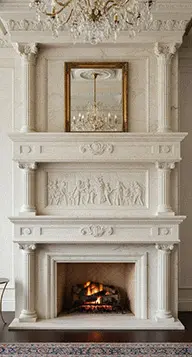 Double decker white marble fireplace mantel two story high