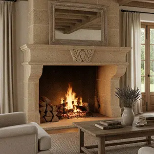 Large limestone fireplace in cozy living room setting