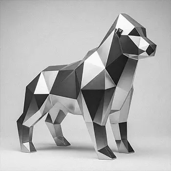 Geometric faceted stainless steel animal sculpture low poly style