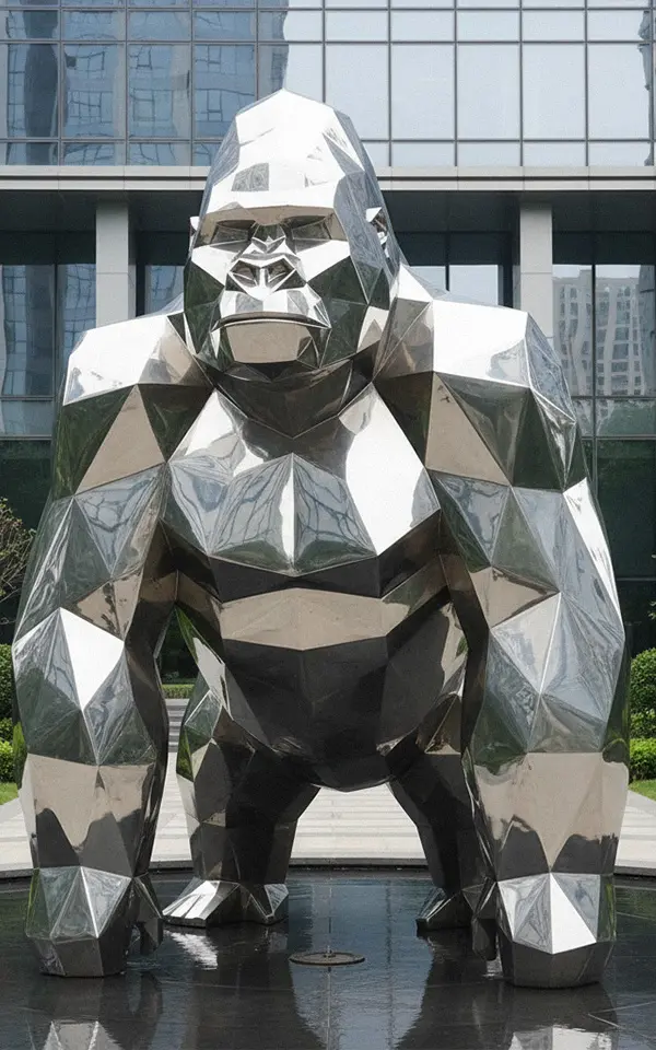 Large faceted stainless steel gorilla sculpture King Kong style