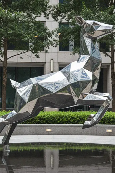 Mirror polished stainless steel geometric deer statue running in city