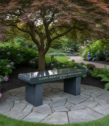Polished grey granite bench in public park setting