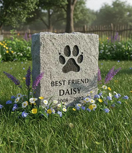 Grey granite pet dog memorial headstone with paw print engraving