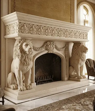 Heavy limestone fireplace with carved lion statues