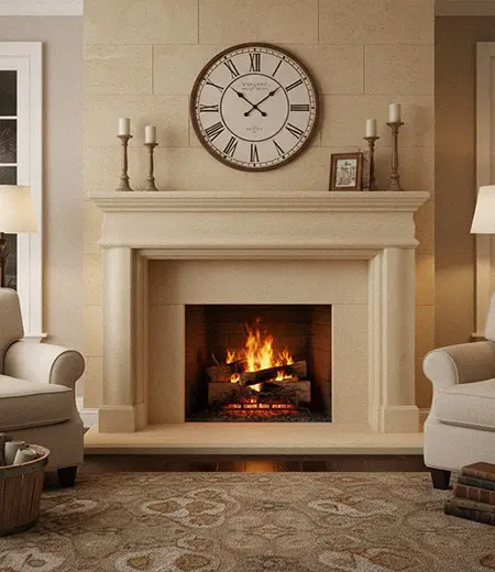 Beige limestone fireplace surround warm rustic style