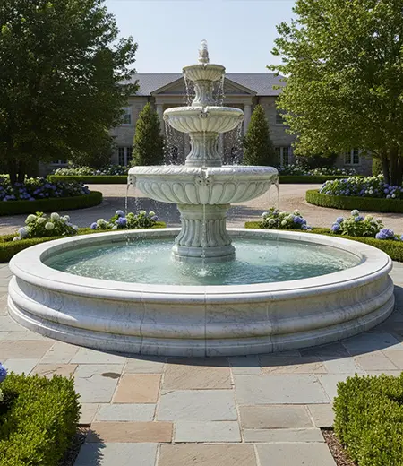 Hand carved marble garden tiered fountain with detailed bowl edges