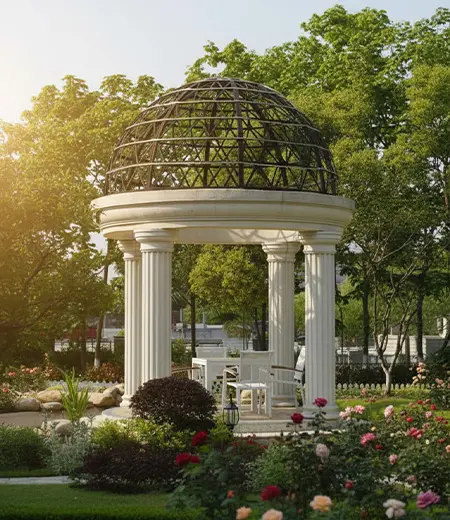 Hand carved marble gazebo with ornate columns and natural stone dome