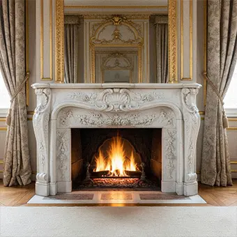 Classical white marble fireplace mantel with burning fire