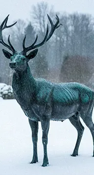 Bronze deer statue standing in snow showing durability
