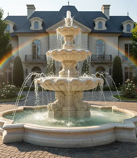 Large three tier white marble garden fountain with pool basin for luxury estate