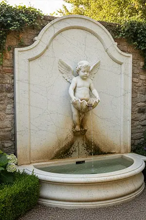 White marble angel boy wall fountain sculpture detail
