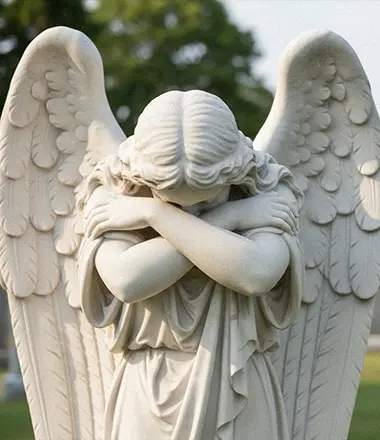 Close up detail of hand carved angel wings and hidden face
