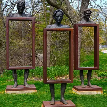 Geometric weather resistant steel rectangular frame bronze figure garden sculpture
