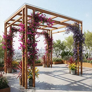Modern metal pergola with flowers on roof terrace