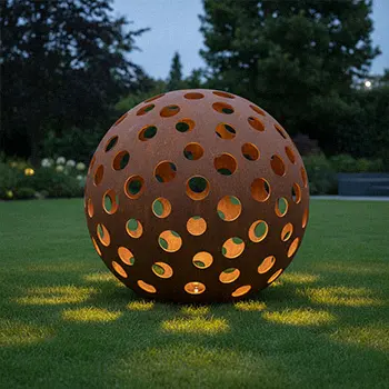 Hollow corten steel sphere garden light with perforated holes