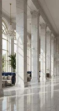 Polished white marble pillars in luxury hotel lobby