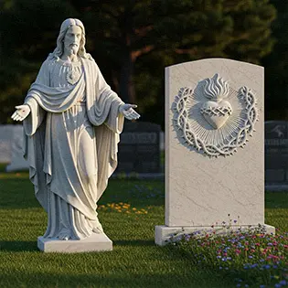 White marble Sacred Heart of Jesus headstone statue