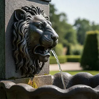 Bronze lion head wall fountain with water flowing into basin