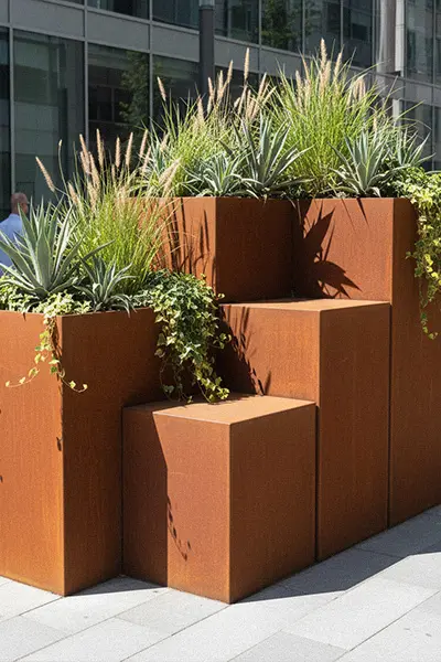 Tiered corten steel planter boxes with tall grasses for modern terrace
