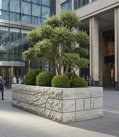 Rectangular grey granite planter boxes with trees for street