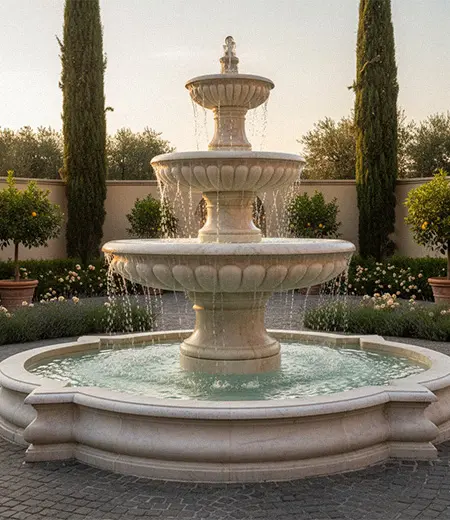 Three tier stone garden fountain with water flowing in sunset