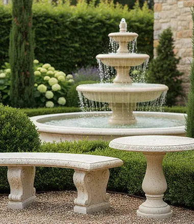 Matching white marble garden fountain and benches set