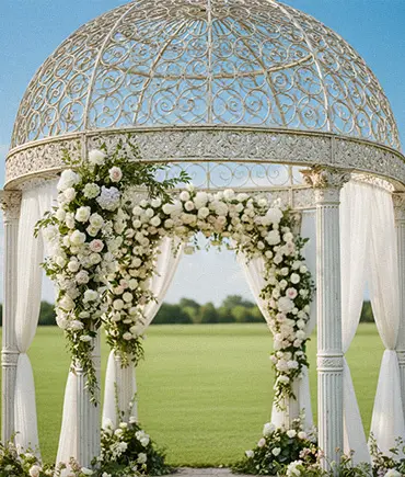Large white wedding pavilion gazebo on green lawn for event
