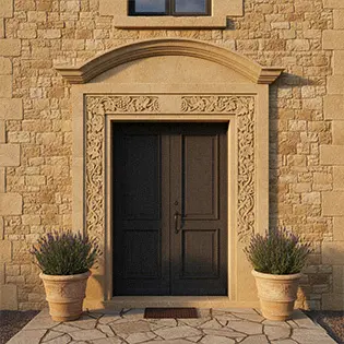 Rustic beige limestone door surround with arched top