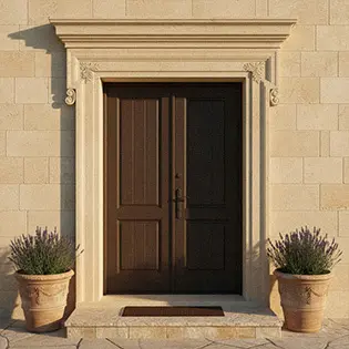 French country style limestone double door entry frame