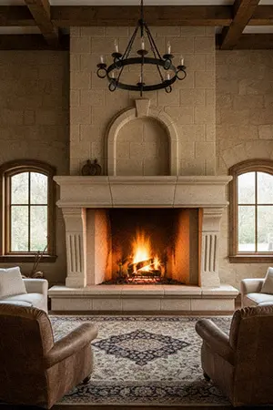 Large limestone fireplace surround in rustic castle living room