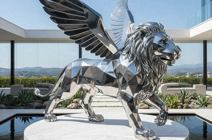 Geometric stainless steel winged lion sculpture with sharp angles