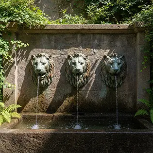 Antique bronze lion head wall fountains row on garden wall