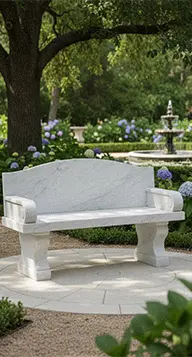 Classic white marble garden bench with backrest