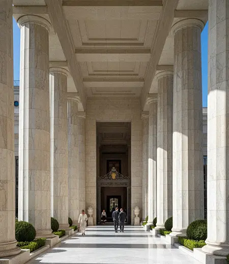 Grand white marble columns hallway interior corridor design