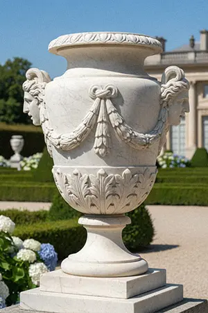 Antique style white marble garden urn with handles