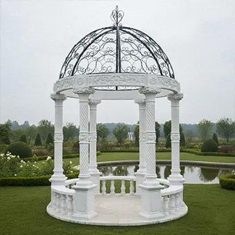 White marble Roman column gazebo with dome in garden
