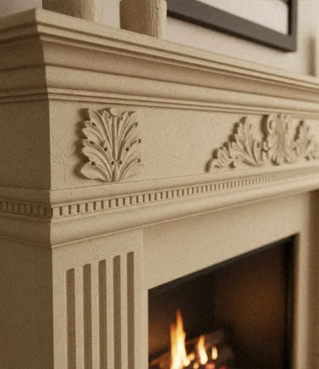 A beige limestone fireplace with carved details surrounds a warm rural style