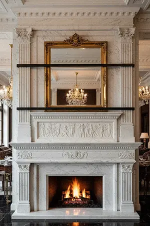 Grand white marble fireplace mantel with gold mirror frame
