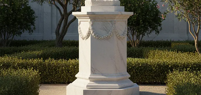 White marble square pedestal base with relief carving in garden