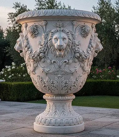 Large carved white marble garden planter with lion head handles